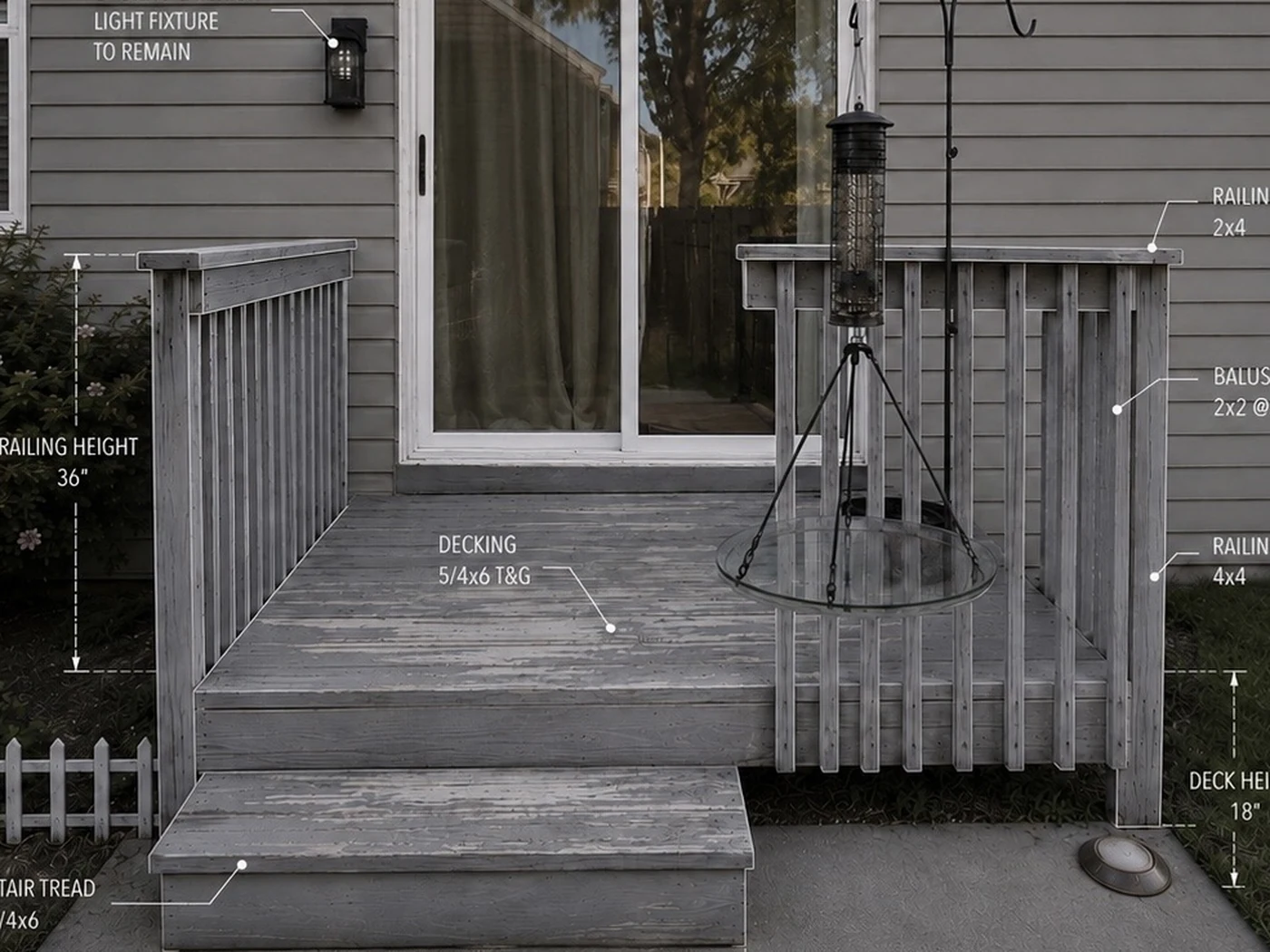 Before: weathered grey wood deck with peeling paint and old wood railing, remodel scope marked up