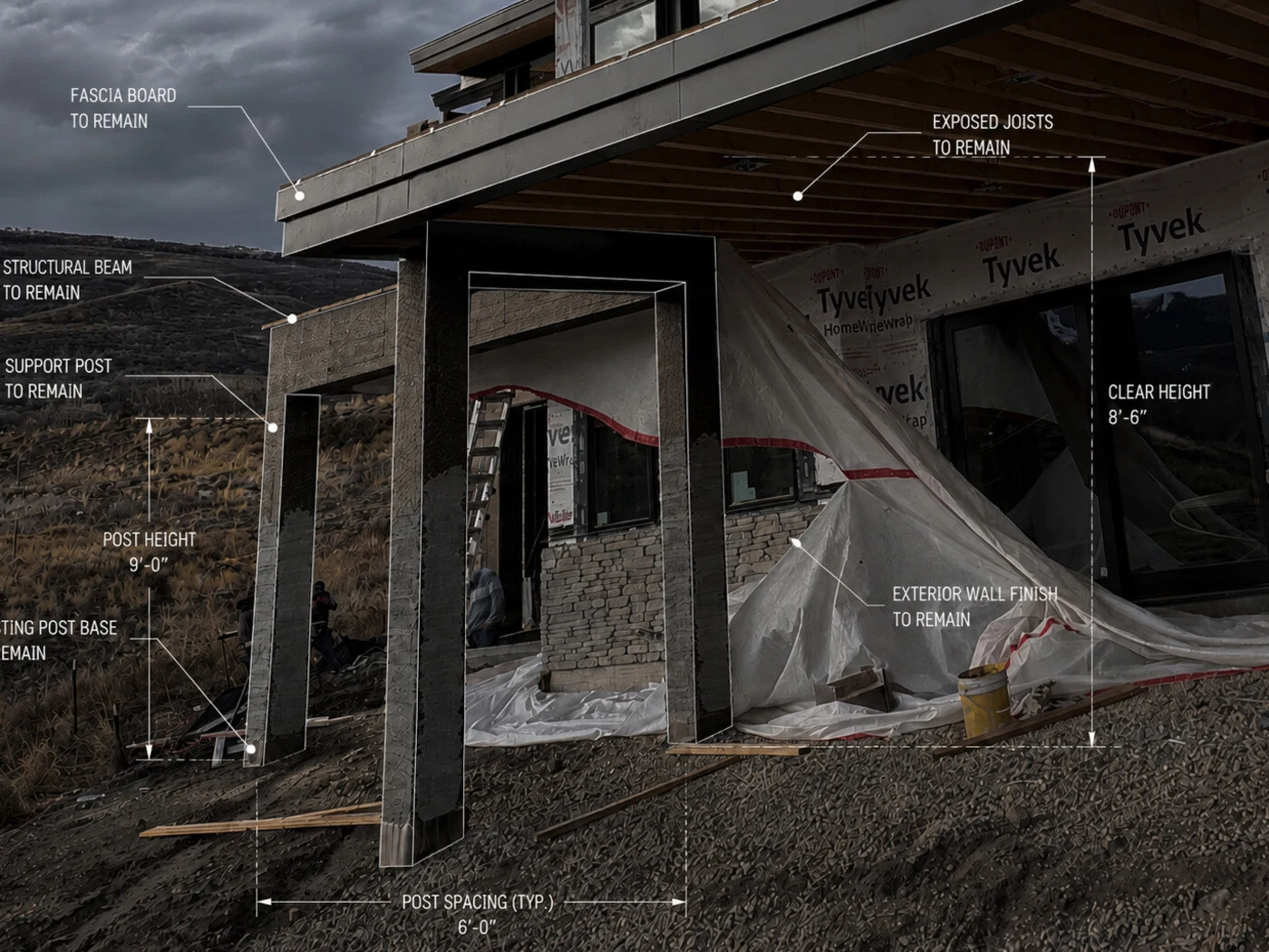 Before: same covered patio under construction with wrapped support posts, Tyvek and exposed joists, scope marked up