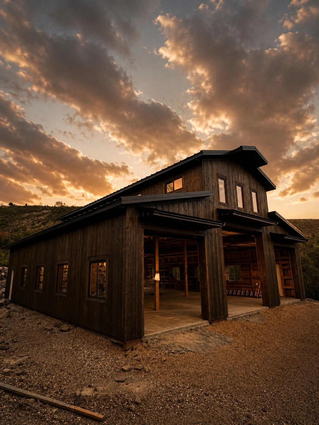 Stained timber barn at dusk with warm interior light
