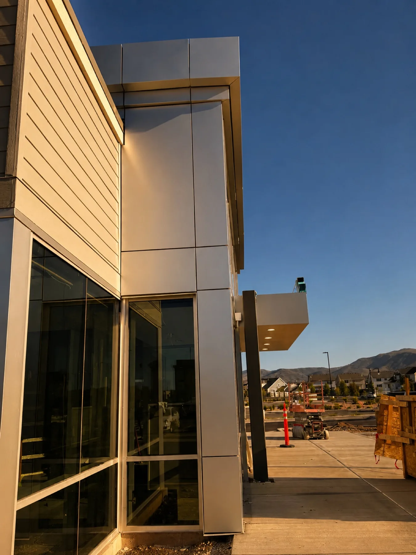 Metal composite panel and lap siding detail on a commercial building