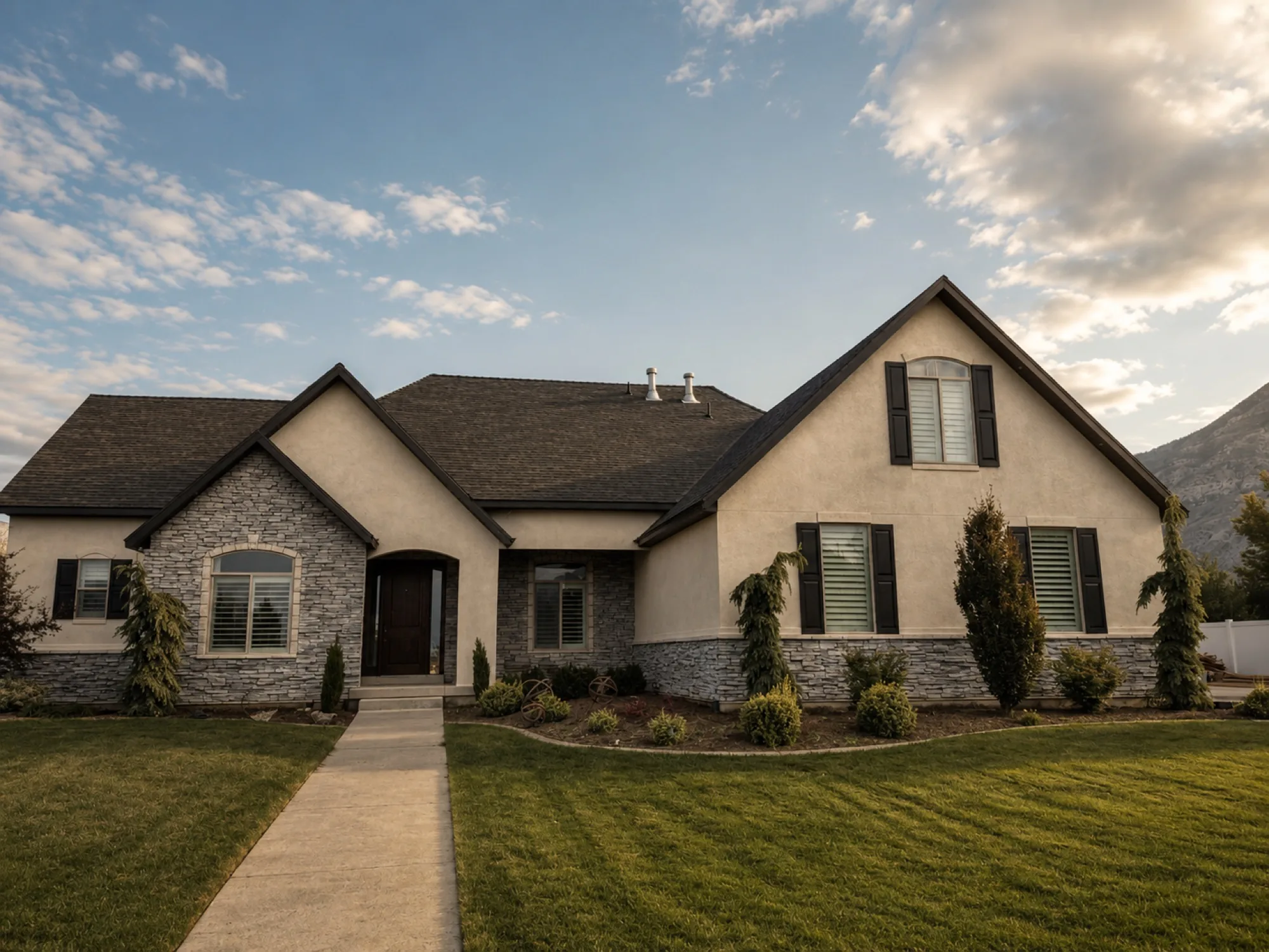 Stucco and stone veneer exterior remodel on a family home in Lehi, Utah