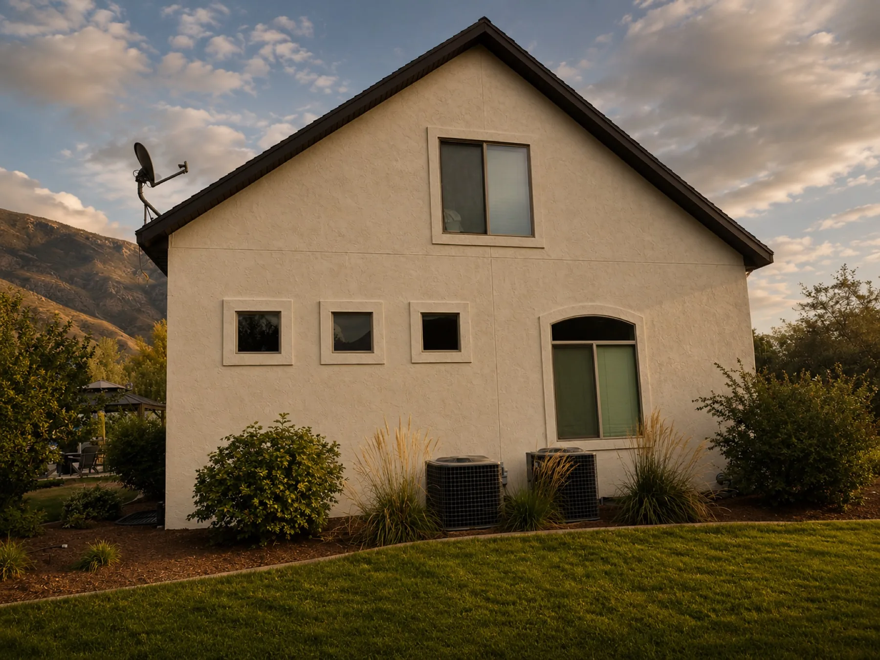Stucco contractor work on a gable end at golden hour in Lehi, Utah