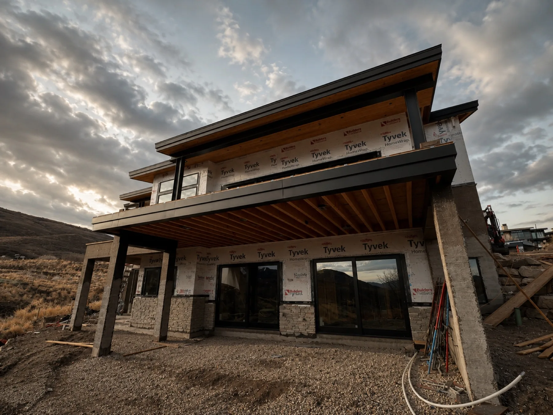 Cantilevered roof detail with cedar soffit and black steel columns at sunset