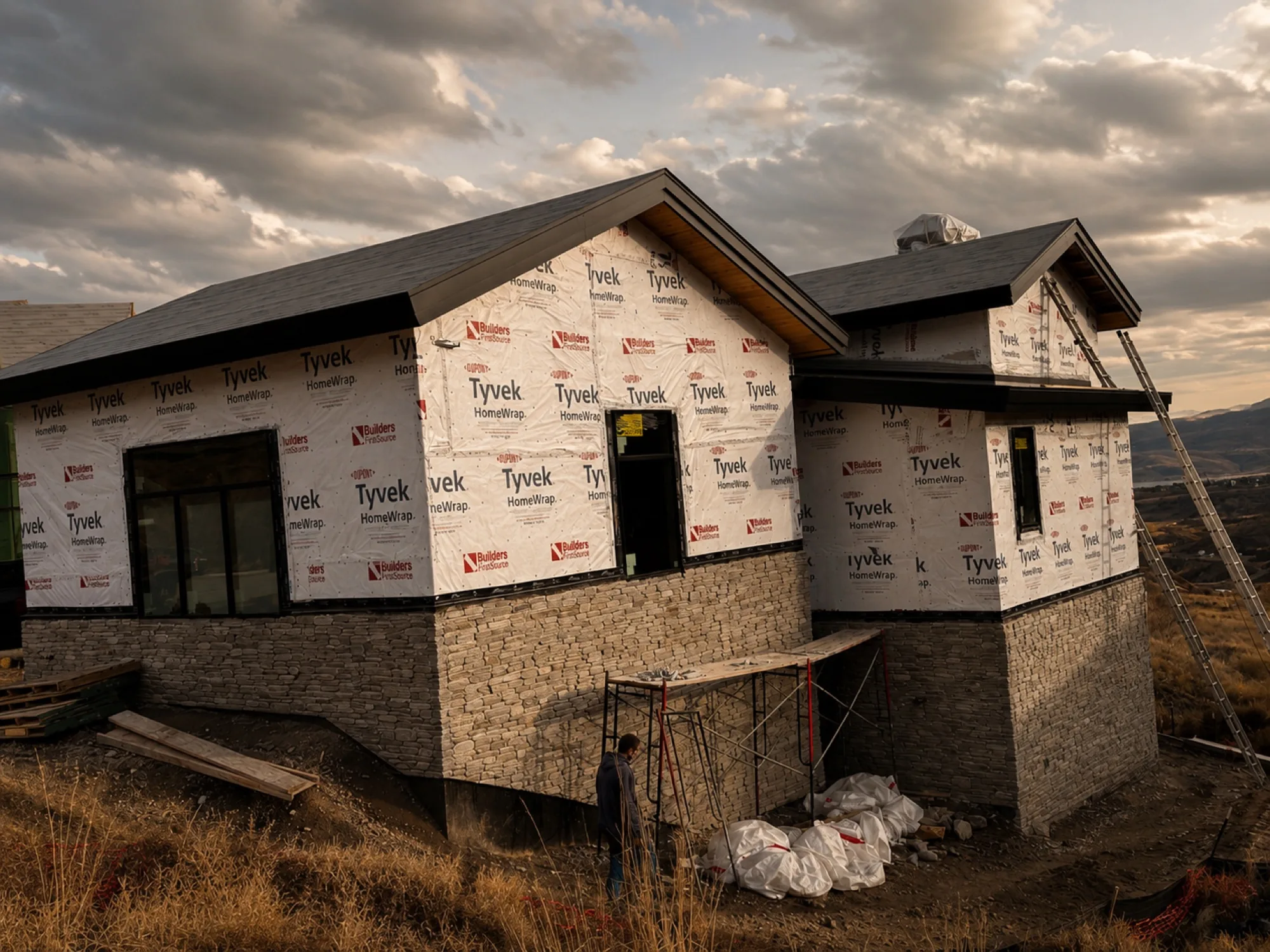 Hillside home mid-build with weather barrier and stone veneer base going on